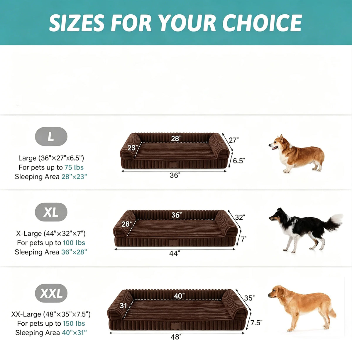 Orthopedic Dog Beds for Large Dog,32 Inch Removable Washable Dog Beds with Sides,Non-Slip Bottom Memory Foam Large Pet Beds,Khaki