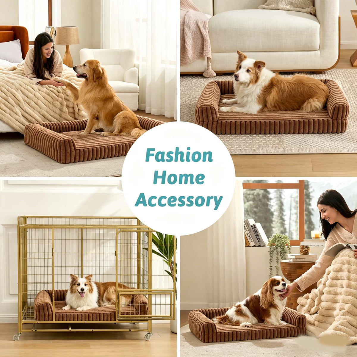 Orthopedic Dog Beds for Large Dog,32 Inch Removable Washable Dog Beds with Sides,Non-Slip Bottom Memory Foam Large Pet Beds,Khaki